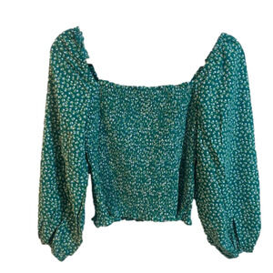 Boutique Women's Floral Print Smocked Crop Top - Green/Blue - Size Small